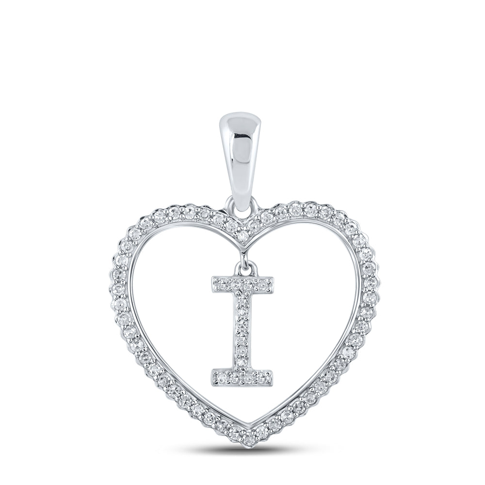 0.24 Ctw Natural Diamond Heart Dangle Initial Letter I Pendant in 10k White Gold
