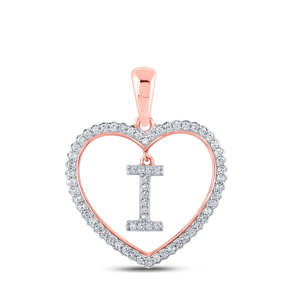 0.26 Ctw Natural Diamond Heart Dangle Initial Letter I Pendant in 10k Rose Gold