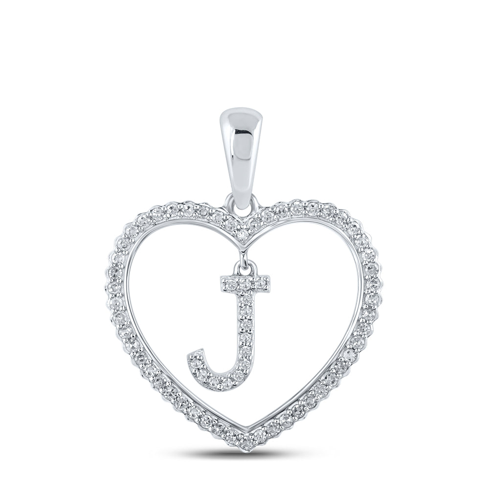 0.23 Ctw Natural Diamond Heart Dangle Initial Letter J Pendant in 10k White Gold