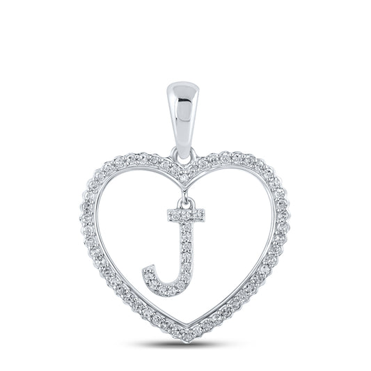 0.23 Ctw Natural Diamond Heart Dangle Initial Letter J Pendant in 10k White Gold
