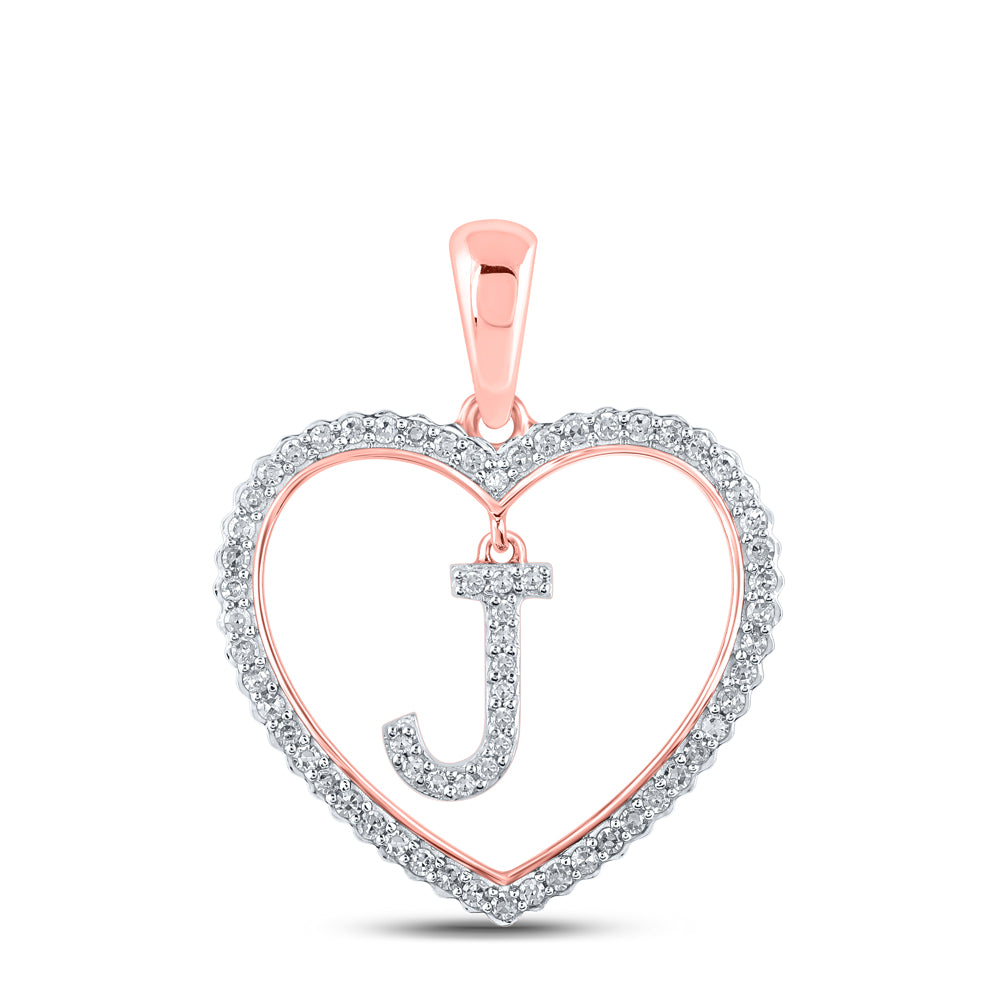 0.23 Ctw Natural Diamond Heart Dangle Initial Letter J Pendant in 10k Rose Gold