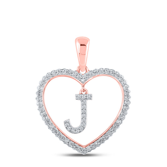 0.23 Ctw Natural Diamond Heart Dangle Initial Letter J Pendant in 10k Rose Gold