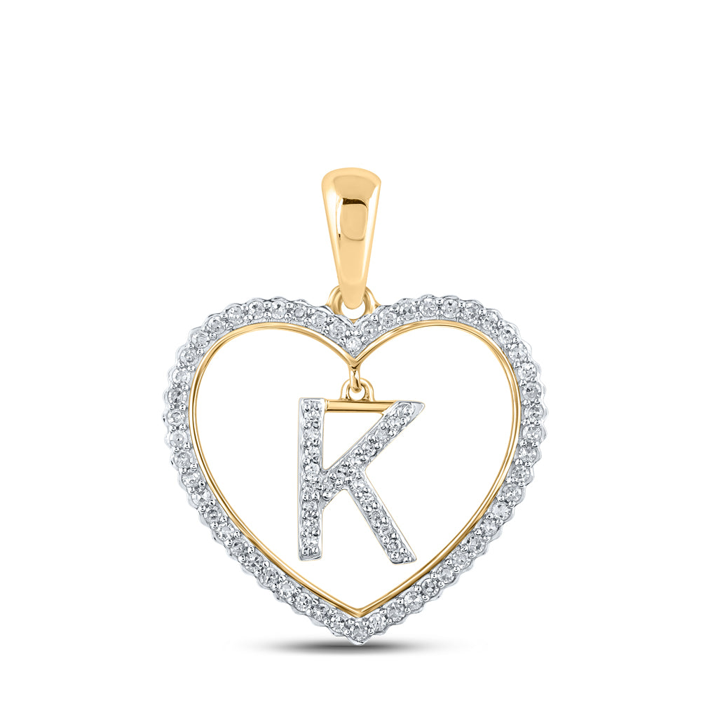 0.25 Ctw Natural Diamond Heart Dangle Initial Letter K Pendant in 10k Yellow Gold