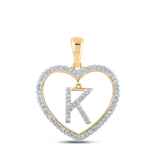 0.25 Ctw Natural Diamond Heart Dangle Initial Letter K Pendant in 10k Yellow Gold
