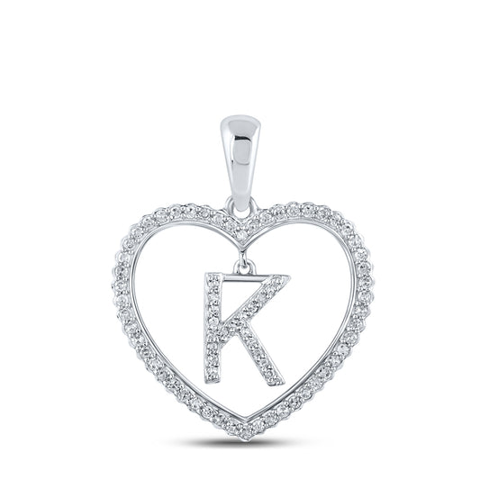 0.28 Ctw Natural Diamond Heart Dangle Initial Letter K Pendant in 10k White Gold