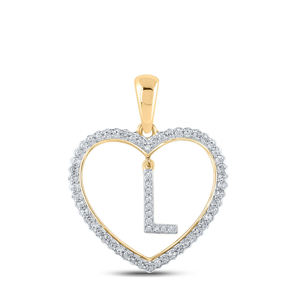 0.24 Ctw Natural Diamond Heart Dangle Initial Letter L Pendant in 10k Yellow Gold