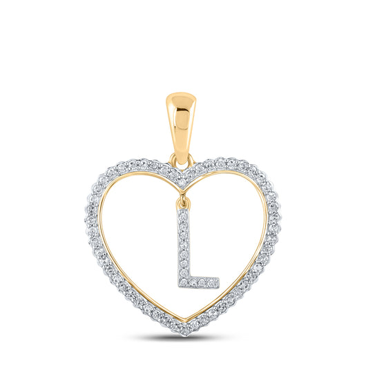 0.24 Ctw Natural Diamond Heart Dangle Initial Letter L Pendant in 10k Yellow Gold