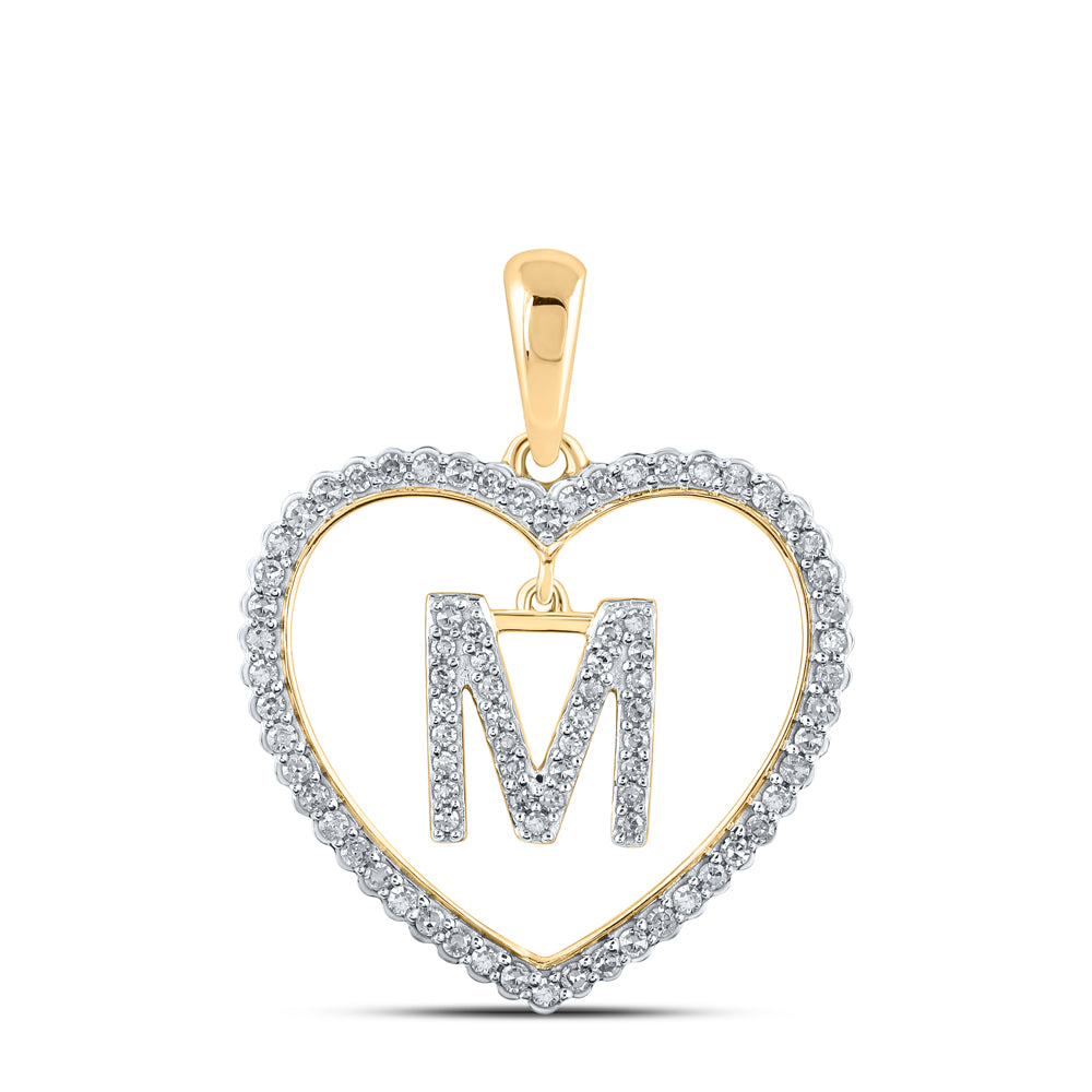 0.27 Ctw Natural Diamond Heart Dangle Initial Letter M Pendant in 10k Yellow Gold
