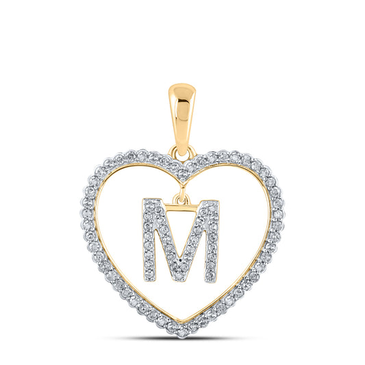 0.27 Ctw Natural Diamond Heart Dangle Initial Letter M Pendant in 10k Yellow Gold