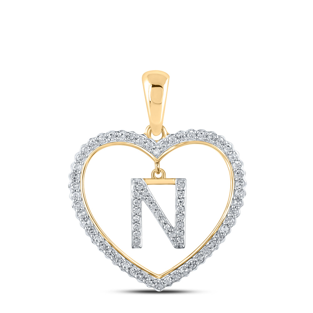0.26 Ctw Natural Diamond Heart Dangle Initial Letter N Pendant in 10k Yellow Gold