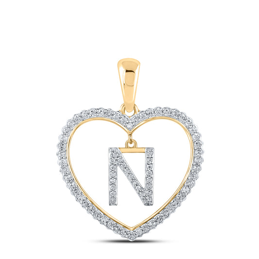 0.26 Ctw Natural Diamond Heart Dangle Initial Letter N Pendant in 10k Yellow Gold