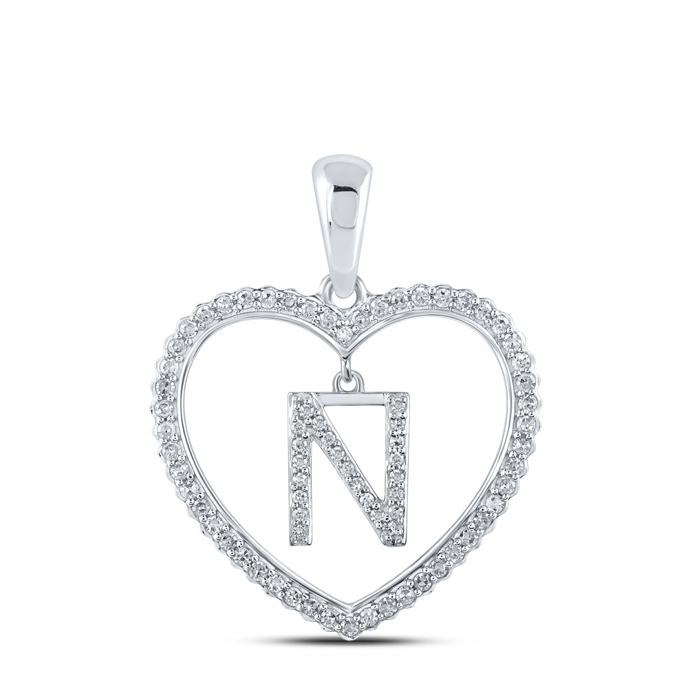 0.26 Ctw Natural Diamond Heart Dangle Initial Letter N Pendant in 10k White Gold