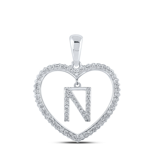 0.26 Ctw Natural Diamond Heart Dangle Initial Letter N Pendant in 10k White Gold
