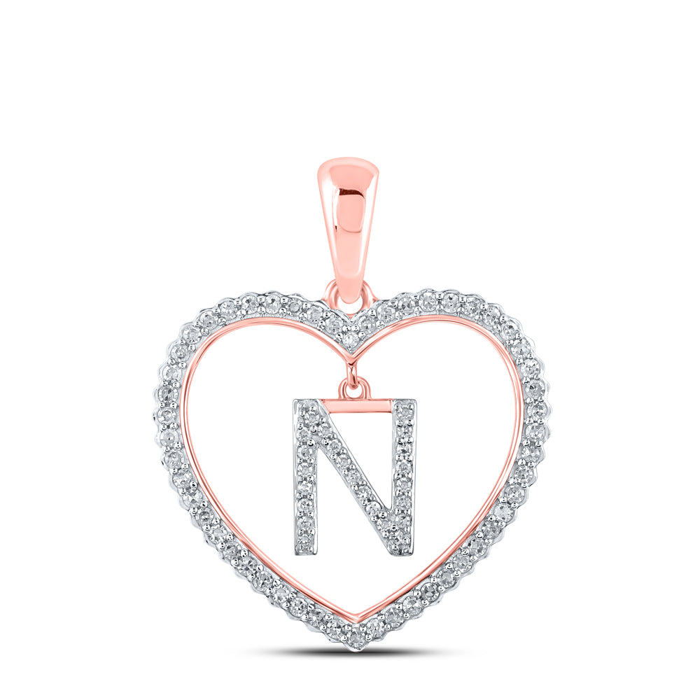 0.26 Ctw Natural Diamond Heart Dangle Initial Letter N Pendant in 10k Rose Gold