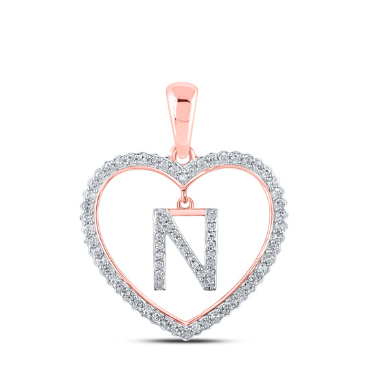 0.26 Ctw Natural Diamond Heart Dangle Initial Letter N Pendant in 10k Rose Gold