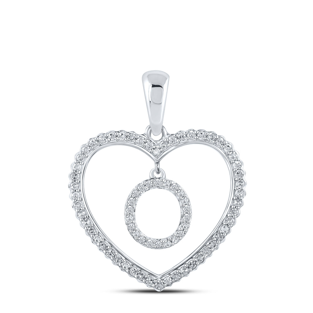 0.26 Ctw Natural Diamond Heart Dangle Initial Letter O Pendant in 10k White Gold