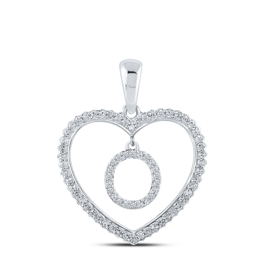 0.26 Ctw Natural Diamond Heart Dangle Initial Letter O Pendant in 10k White Gold