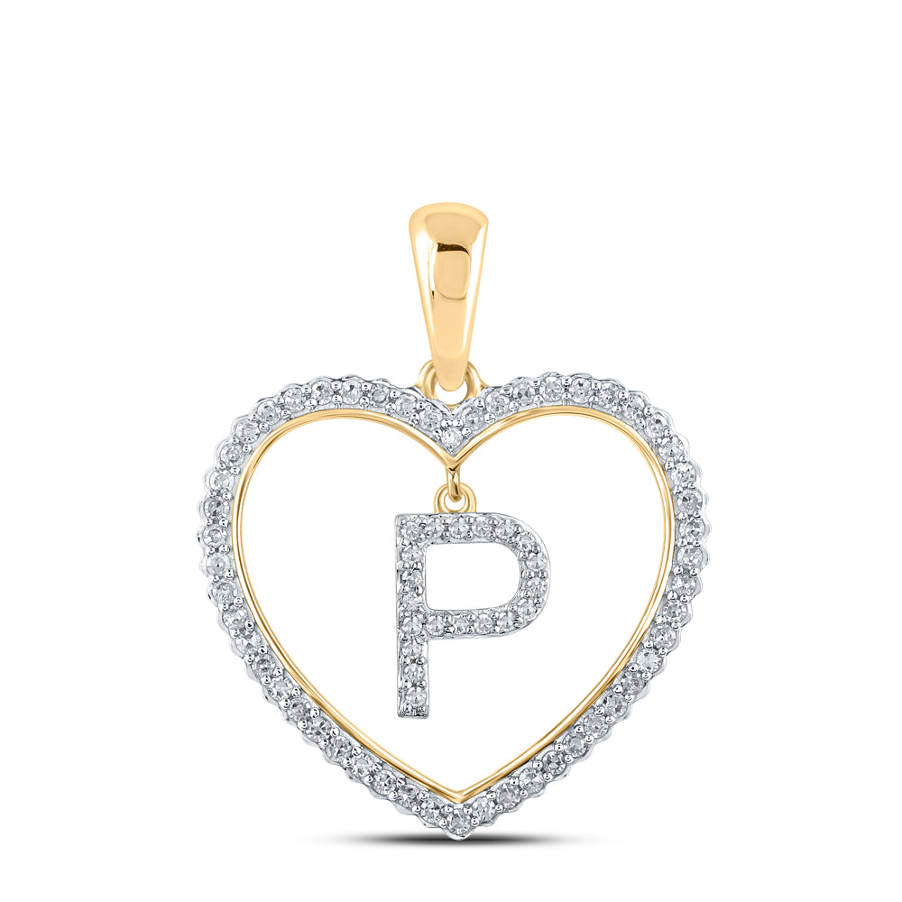 0.28 Ctw Natural Diamond Heart Dangle Initial Letter P Pendant in 10k Yellow Gold