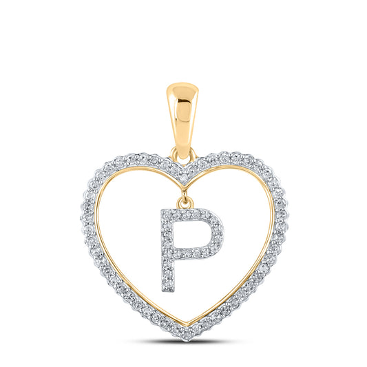 0.28 Ctw Natural Diamond Heart Dangle Initial Letter P Pendant in 10k Yellow Gold