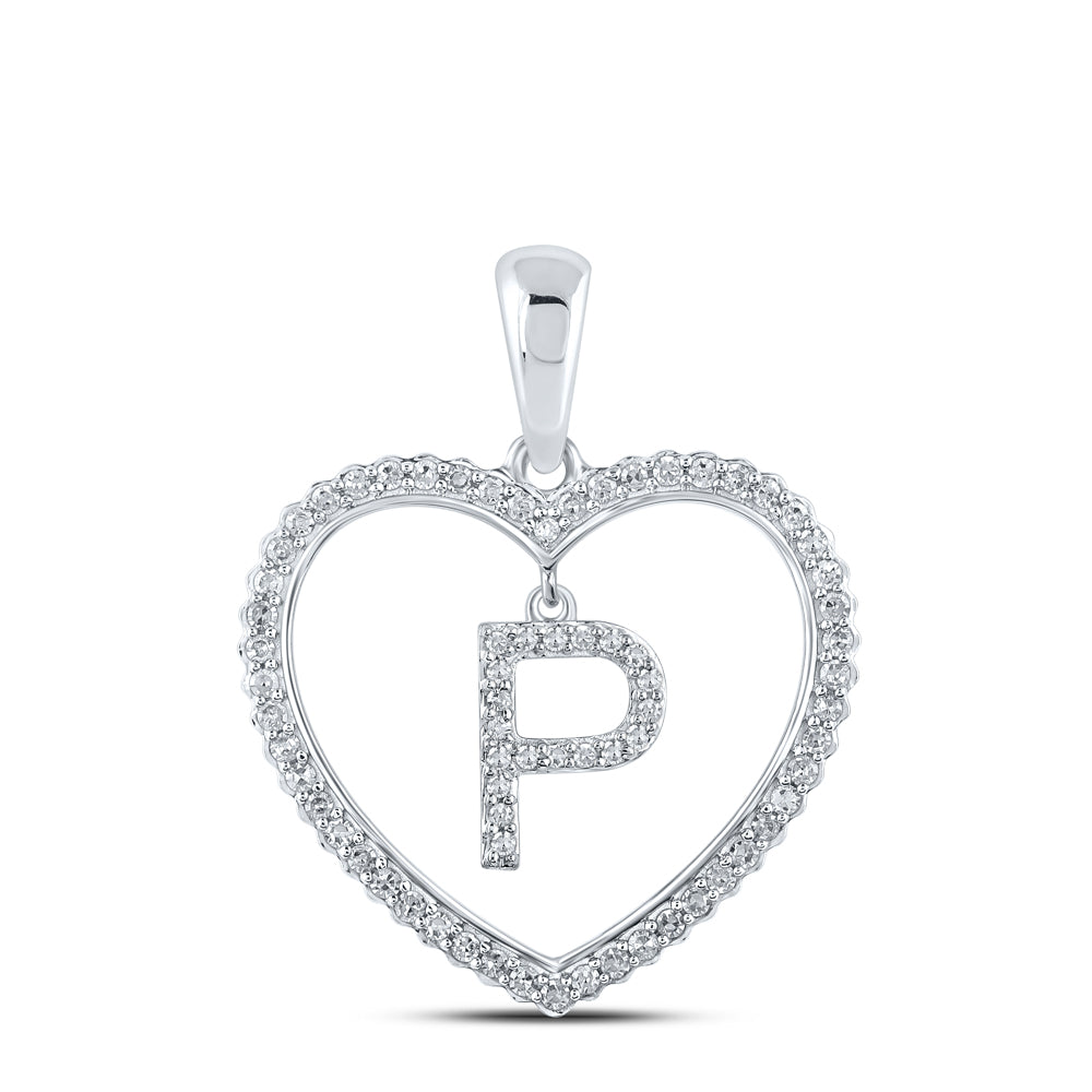 0.28 Ctw Natural Diamond Heart Dangle Initial Letter P Pendant in 10k White Gold