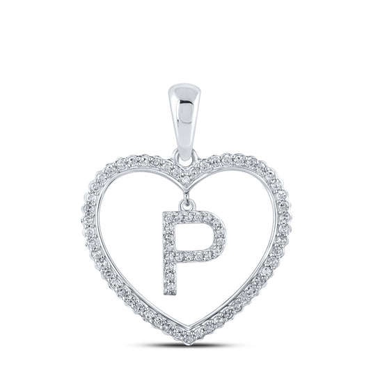 0.28 Ctw Natural Diamond Heart Dangle Initial Letter P Pendant in 10k White Gold