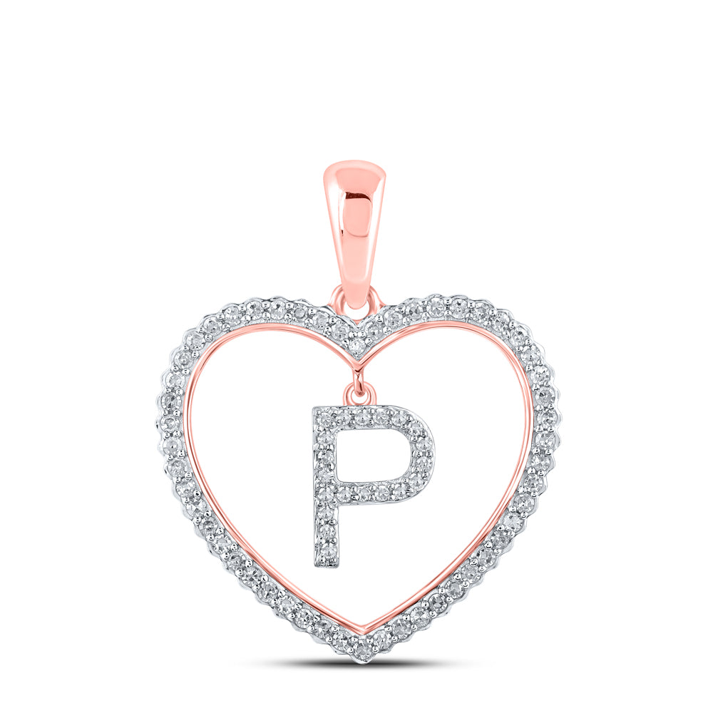 0.27 Ctw Natural Diamond Heart Dangle Initial Letter P Pendant in 10k Rose Gold