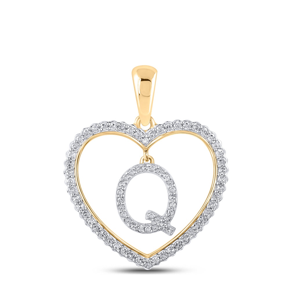 0.25 Ctw Natural Diamond Heart Dangle Initial Letter Q Pendant in 10k Yellow Gold