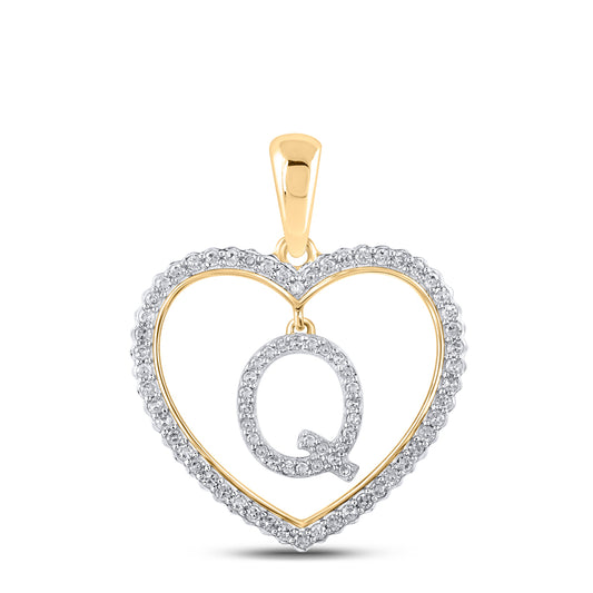 0.25 Ctw Natural Diamond Heart Dangle Initial Letter Q Pendant in 10k Yellow Gold