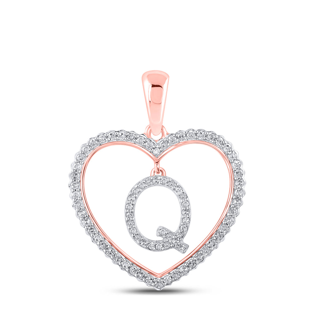 0.27 Ctw Natural Diamond Heart Dangle Initial Letter Q Pendant in 10k Rose Gold