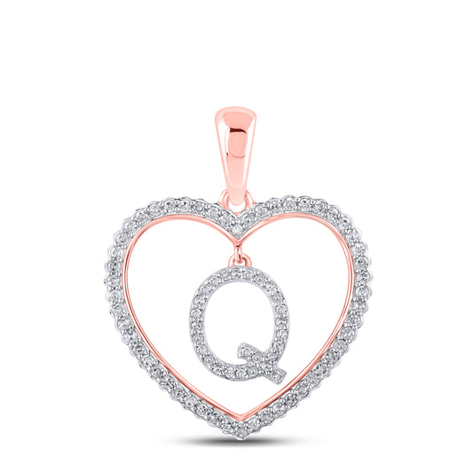 0.27 Ctw Natural Diamond Heart Dangle Initial Letter Q Pendant in 10k Rose Gold