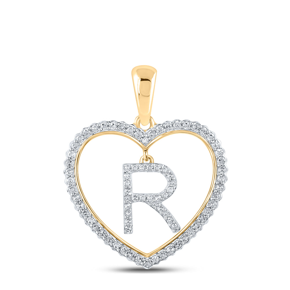 0.27 Ctw Natural Diamond Heart Dangle Initial Letter R Pendant in 10k Yellow Gold