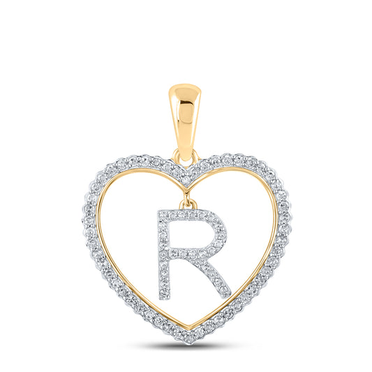 0.27 Ctw Natural Diamond Heart Dangle Initial Letter R Pendant in 10k Yellow Gold