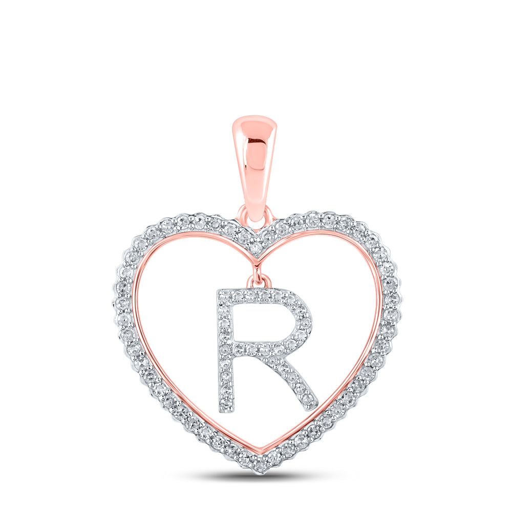 0.27 Ctw Natural Diamond Heart Dangle Initial Letter R Pendant in 10k Rose Gold