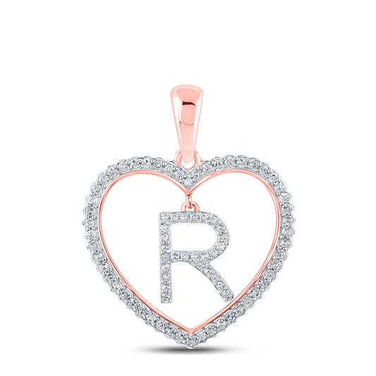 0.27 Ctw Natural Diamond Heart Dangle Initial Letter R Pendant in 10k Rose Gold