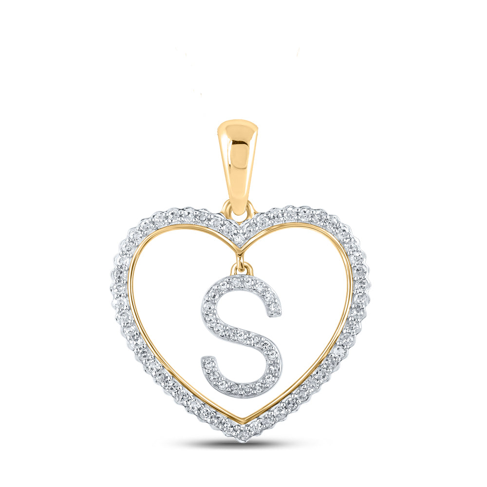 0.26 Ctw Natural Diamond Heart Dangle Initial Letter S Pendant in 10k Yellow Gold