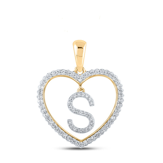 0.26 Ctw Natural Diamond Heart Dangle Initial Letter S Pendant in 10k Yellow Gold