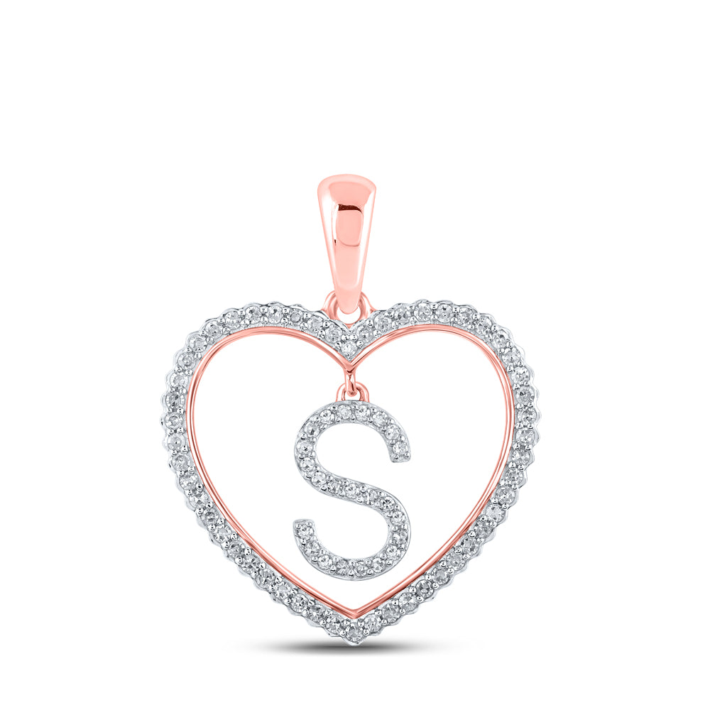 0.27 Ctw Natural Diamond Heart Dangle Initial Letter S Pendant in 10k Rose Gold