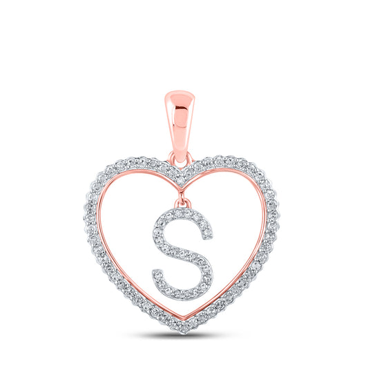 0.27 Ctw Natural Diamond Heart Dangle Initial Letter S Pendant in 10k Rose Gold