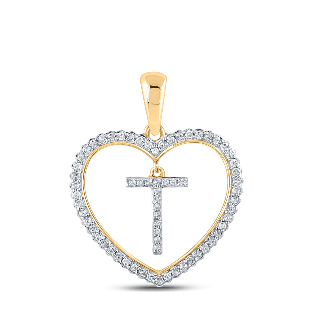 0.25 Ctw Natural Diamond Heart Dangle Initial Letter T Pendant in 10k Yellow Gold