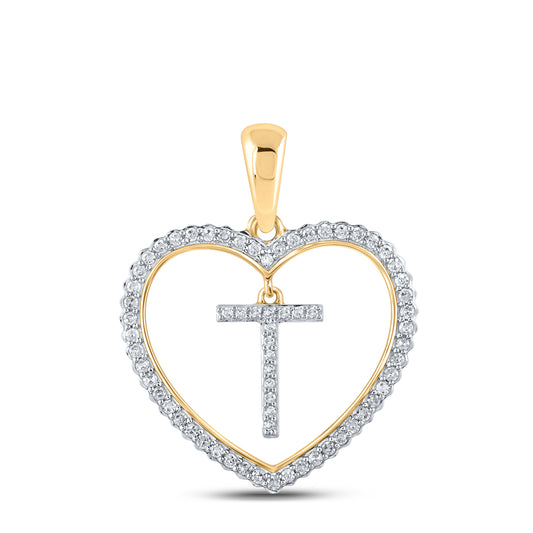 0.25 Ctw Natural Diamond Heart Dangle Initial Letter T Pendant in 10k Yellow Gold