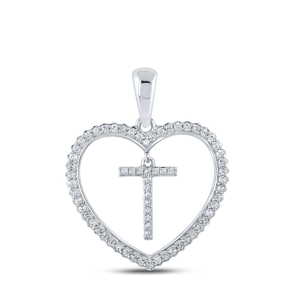 0.24 Ctw Natural Diamond Heart Dangle Initial Letter T Pendant in 10k White Gold