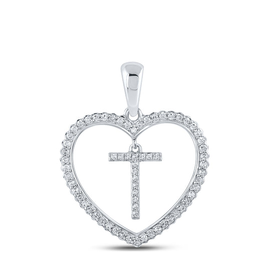 0.24 Ctw Natural Diamond Heart Dangle Initial Letter T Pendant in 10k White Gold