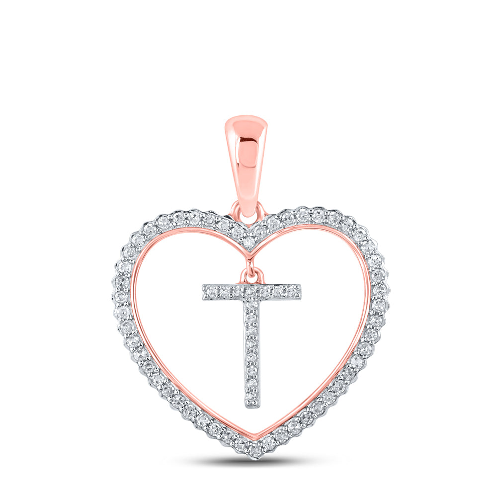 0.24 Ctw Natural Diamond Heart Dangle Initial Letter T Pendant in 10k Rose Gold