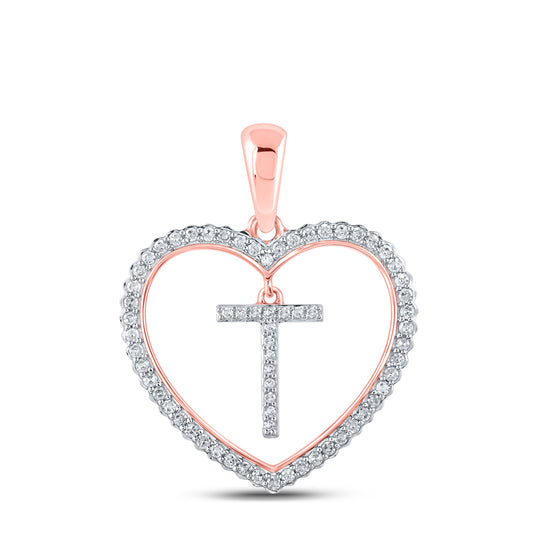 0.24 Ctw Natural Diamond Heart Dangle Initial Letter T Pendant in 10k Rose Gold