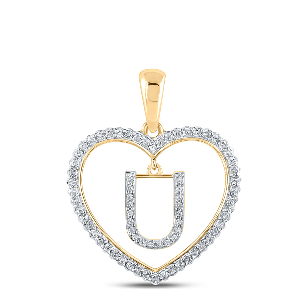 0.25 Ctw Natural Diamond Heart Dangle Initial Letter U Pendant in 10k Yellow Gold