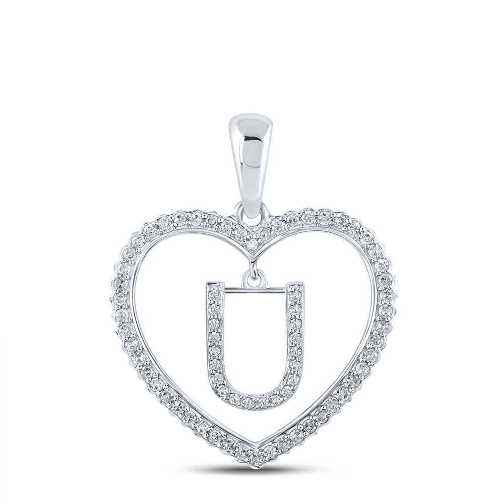 0.25 Ctw Natural Diamond Heart Dangle Initial Letter U Pendant in 10k White Gold