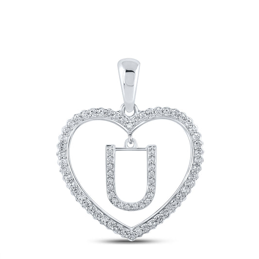 0.25 Ctw Natural Diamond Heart Dangle Initial Letter U Pendant in 10k White Gold