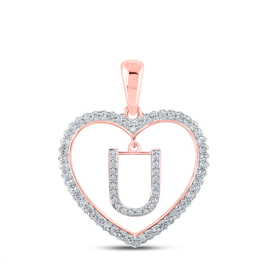 0.26 Ctw Natural Diamond Heart Dangle Initial Letter U Pendant in 10k Rose Gold
