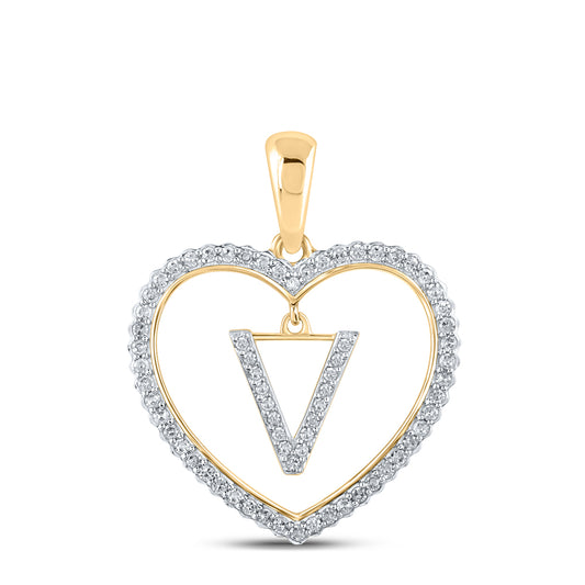 0.24 Ctw Natural Diamond Heart Dangle Initial Letter V Pendant in 10k Yellow Gold