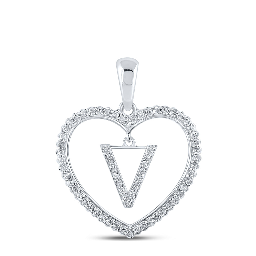 0.24 Ctw Natural Diamond Heart Dangle Initial Letter V Pendant in 10k White Gold